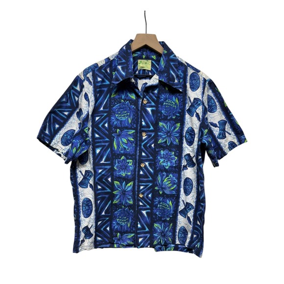 Vtg 1960s Ui-Maikai Blue Floral‎ Tiki Pineapple Print Hawaiian Button Shirt L/XL